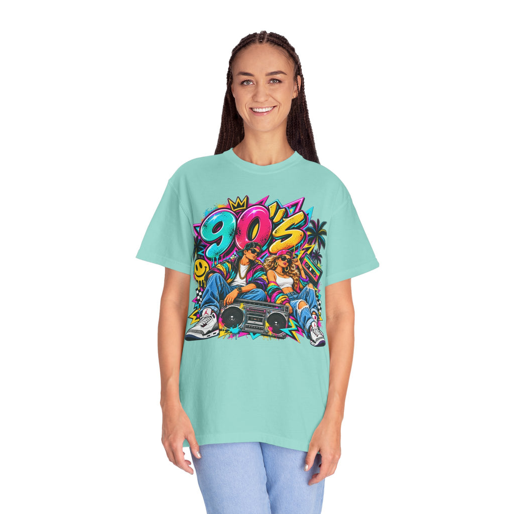 90s Retro Streetwear T-Shirt — Vintage Boombox & Neon Graffiti Design