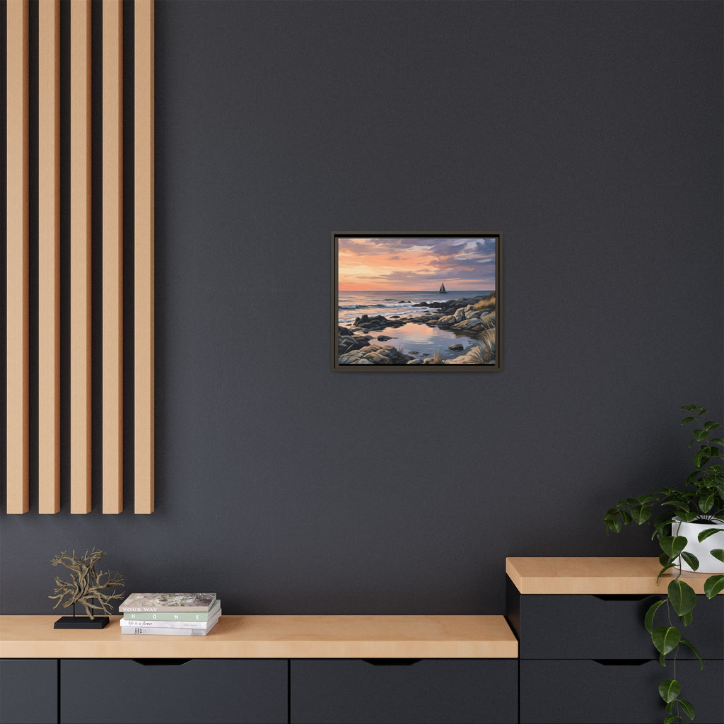 Framed Seaside Sunset Matte Canvas Print – Sailboat Coastal Wall Art