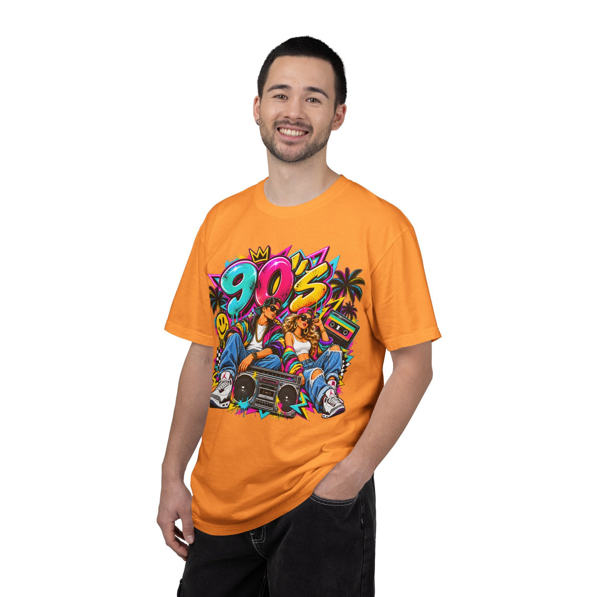 90s Retro Streetwear T-Shirt — Vintage Boombox & Neon Graffiti Design