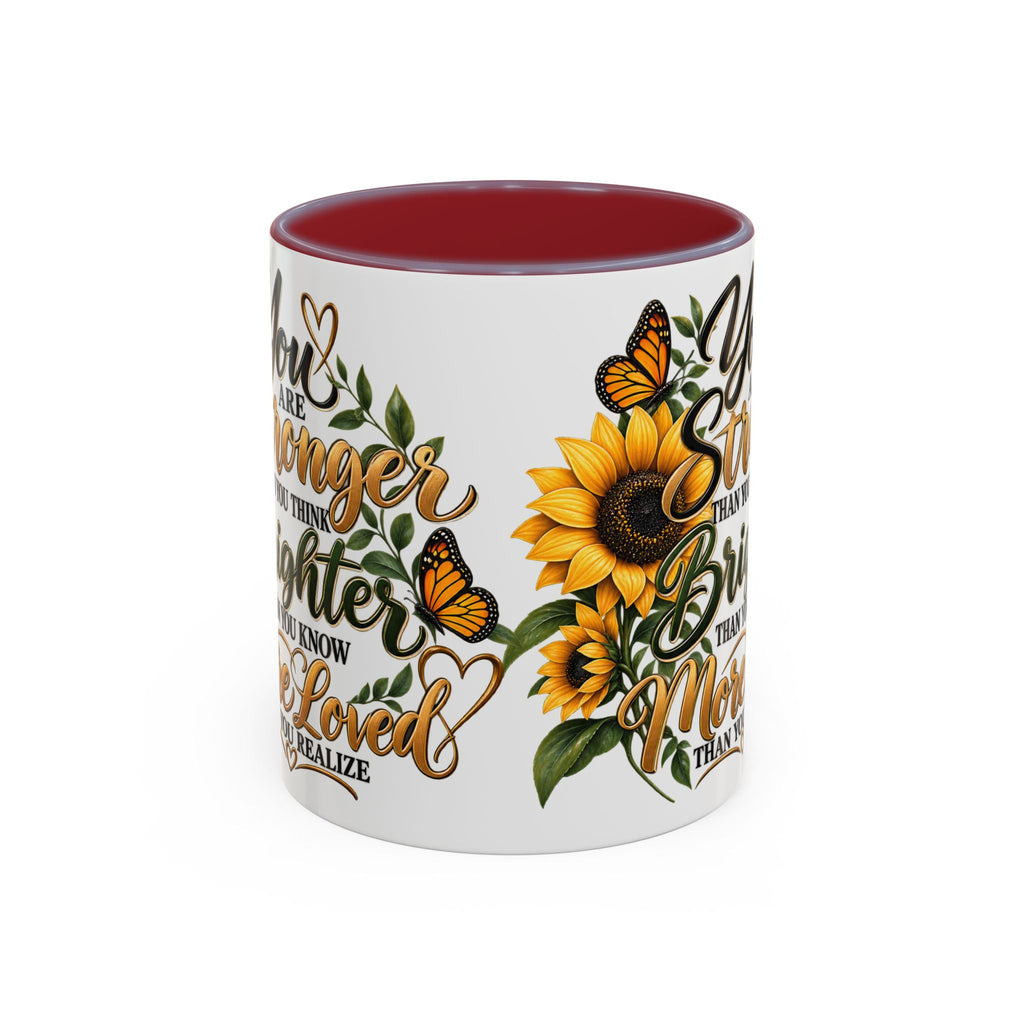 Inspirational Sunflower Coffee Mug — "You Are Stronger, Brighter, More Loved" Accent Mug