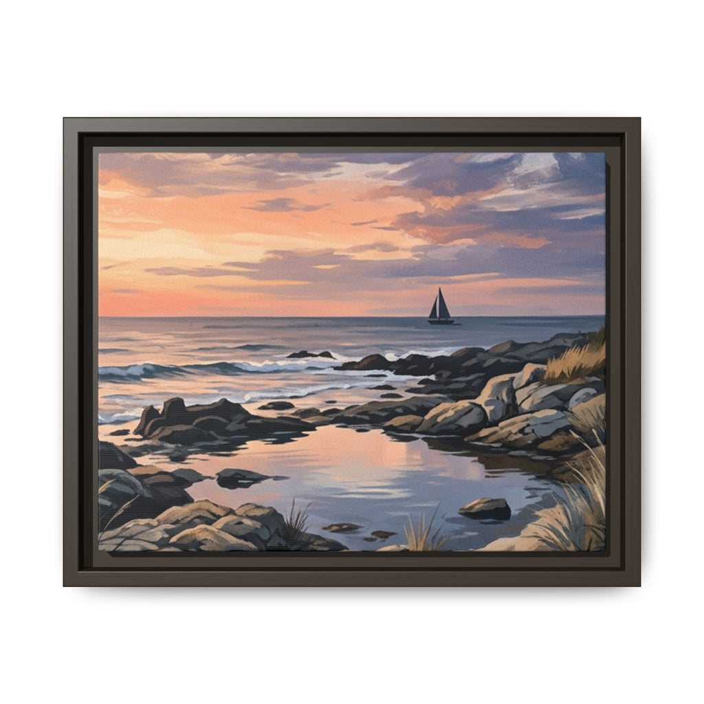 Framed Seaside Sunset Matte Canvas Print – Sailboat Coastal Wall Art