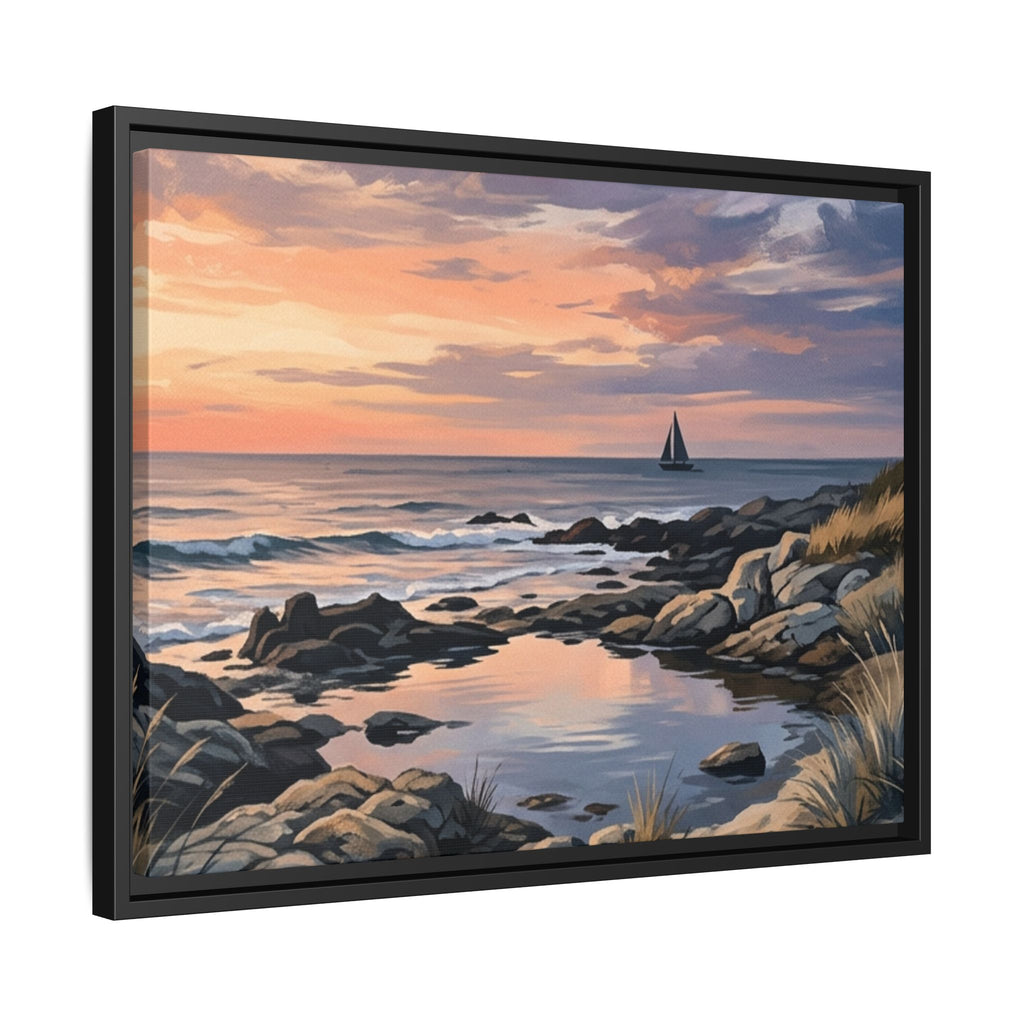 Framed Seaside Sunset Matte Canvas Print – Sailboat Coastal Wall Art