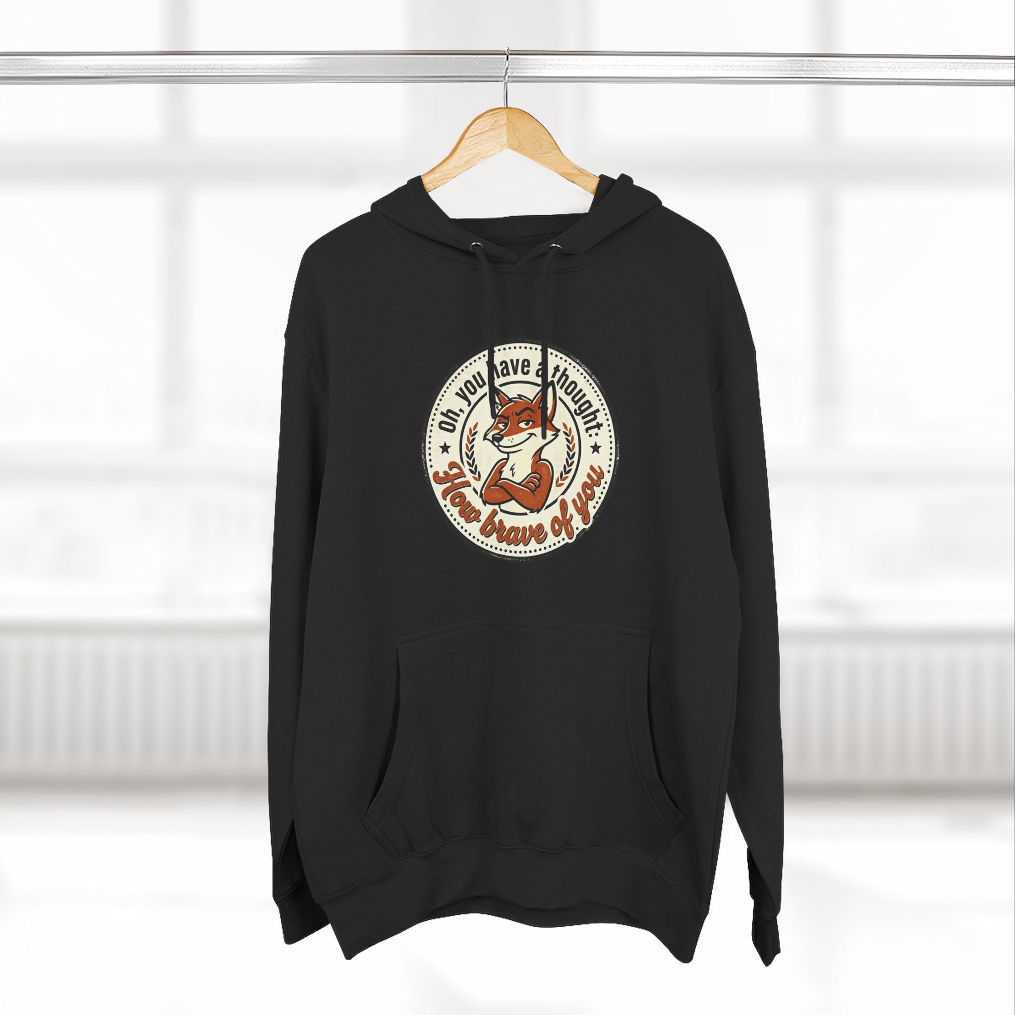 Fox Badge Hoodie — "Be Brave & Kind" Retro Emblem Fleece Hoodie