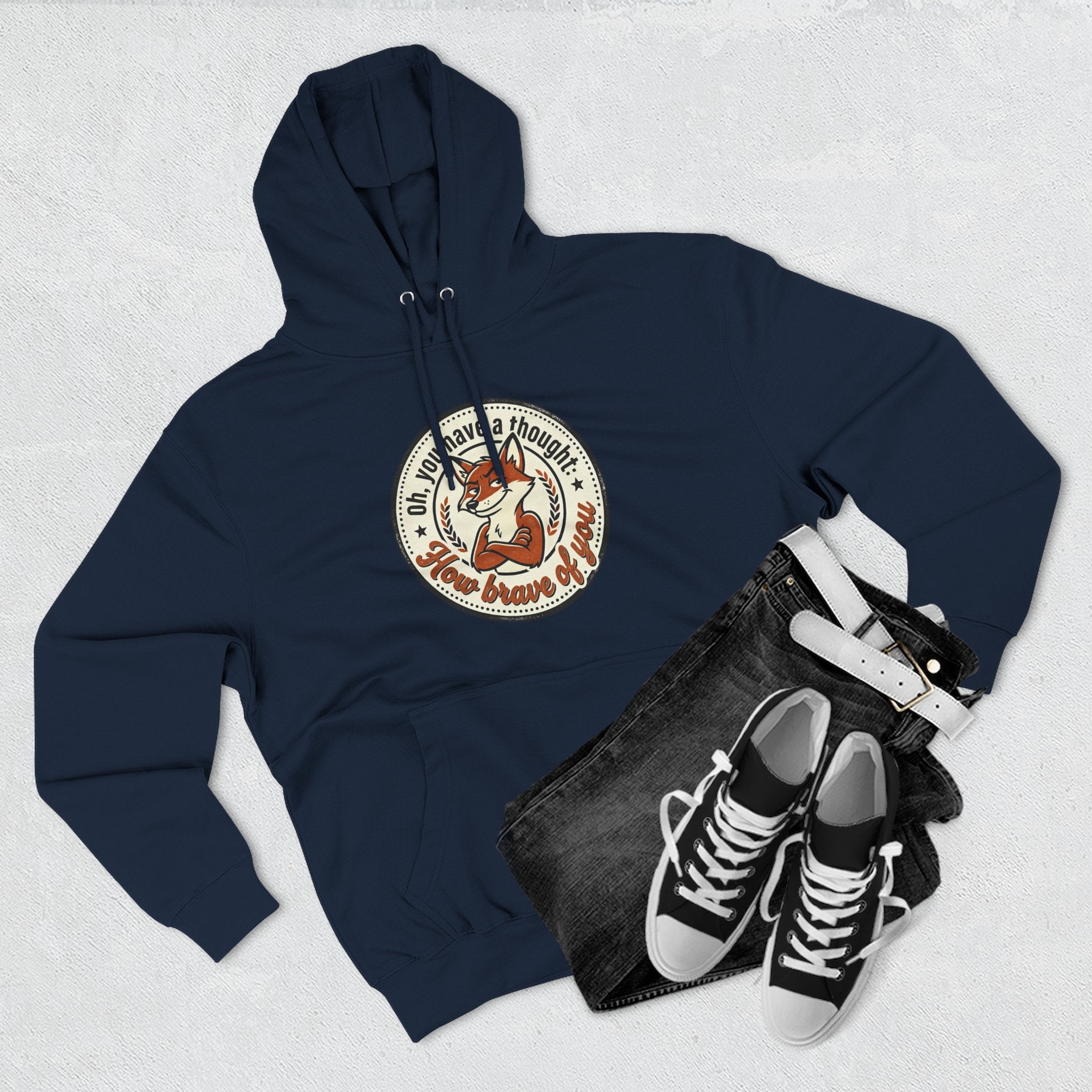 Fox Badge Hoodie — "Be Brave & Kind" Retro Emblem Fleece Hoodie