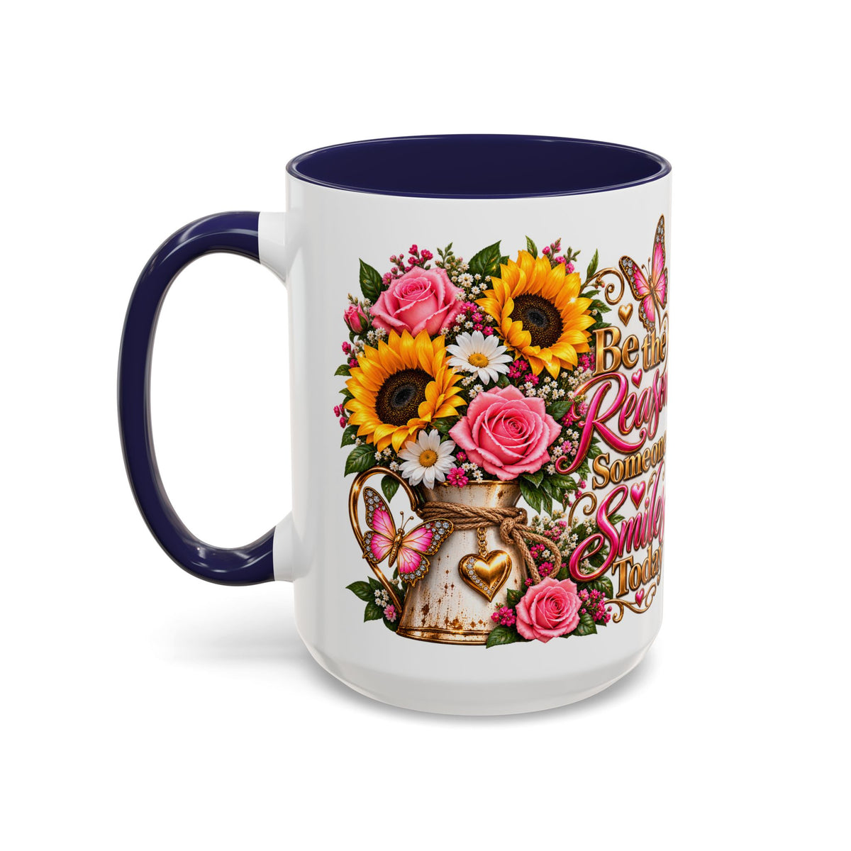 Be the Reason Someone Smiles Today Accent Coffee Mug – Floral Sunflower & Rose Inspirational 11/15oz