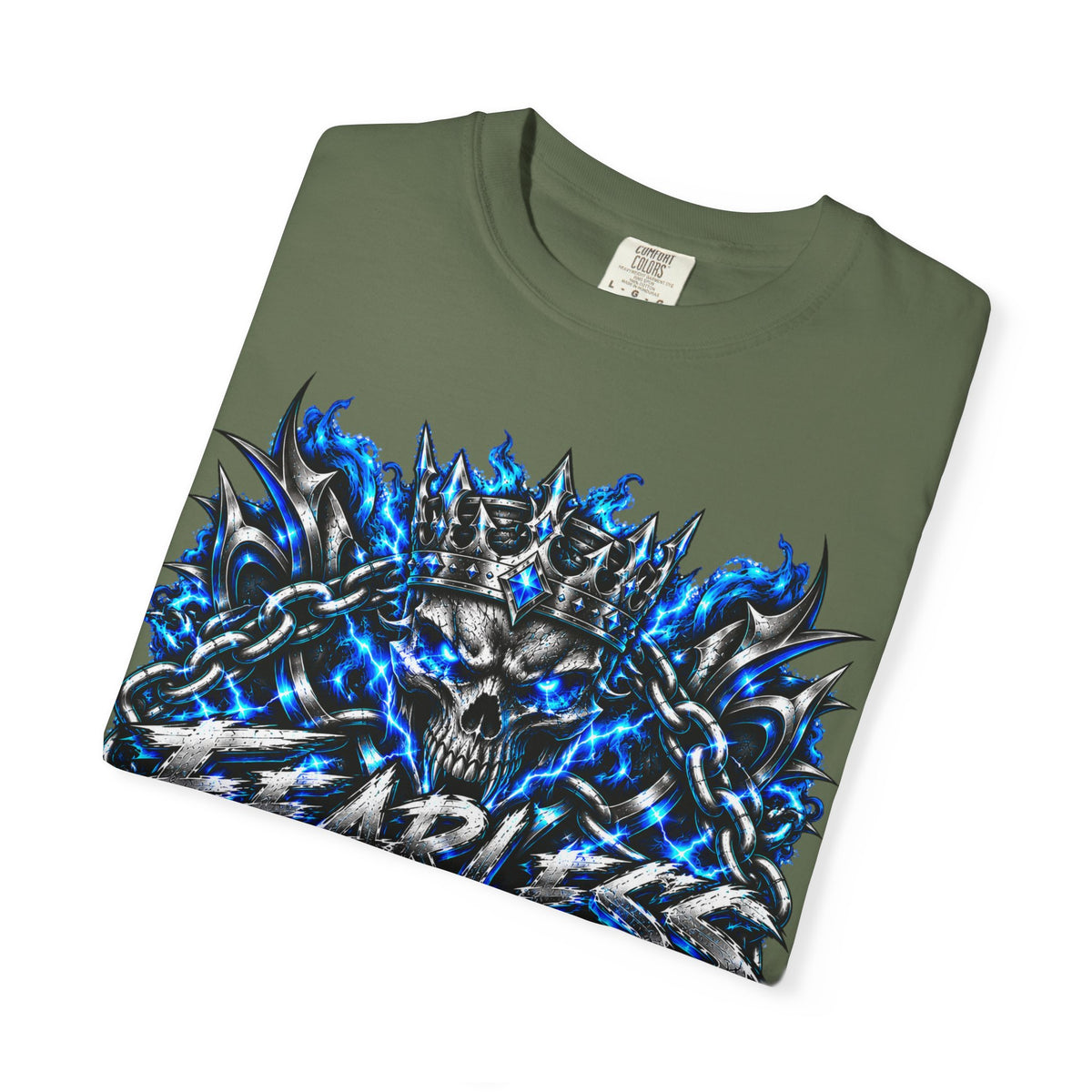 Skull Throne Graphic T-Shirt — Blue Lightning Heavy Metal Tee
