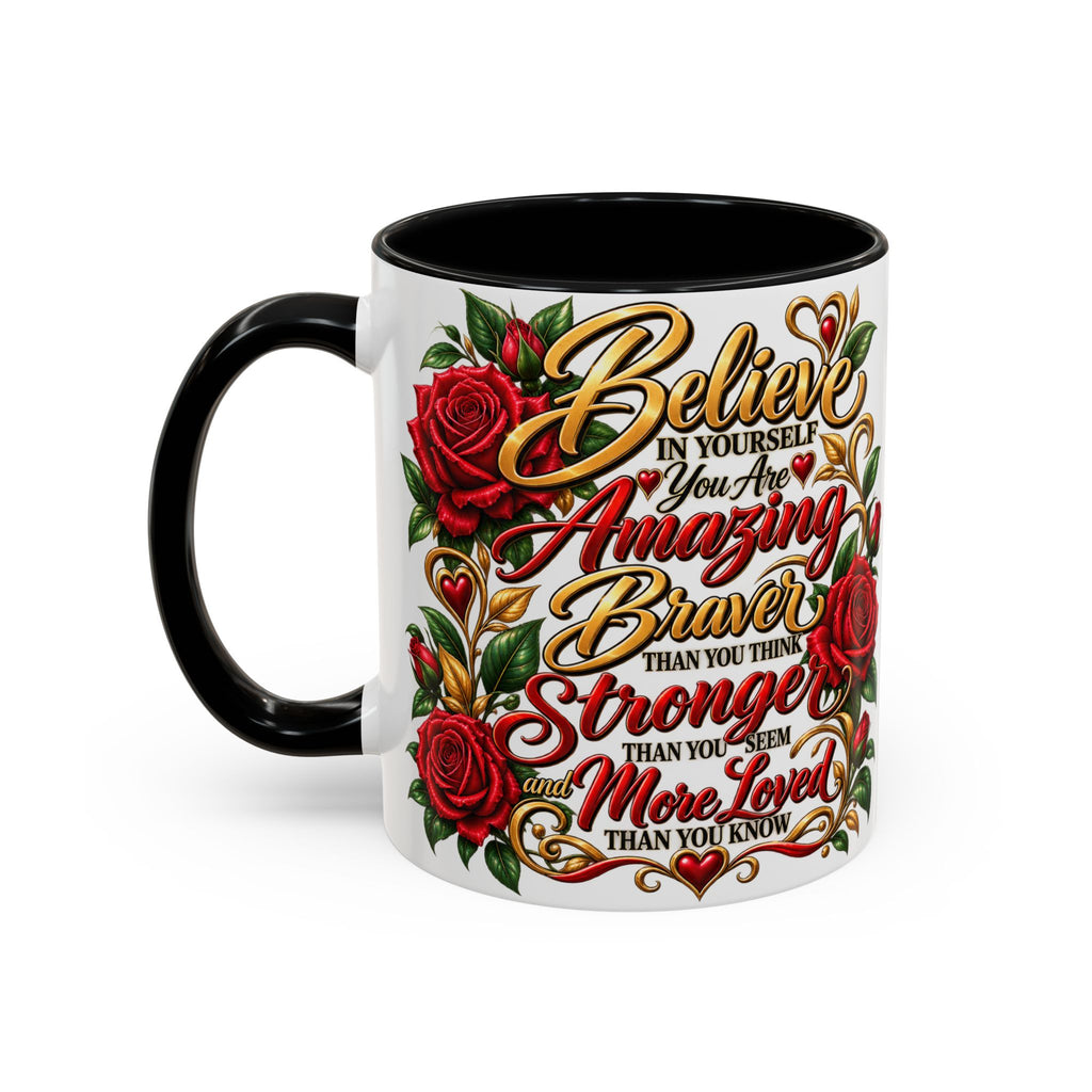 Inspirational Rose Coffee Mug — "Believe in Yourself" Motivational Tea Cup