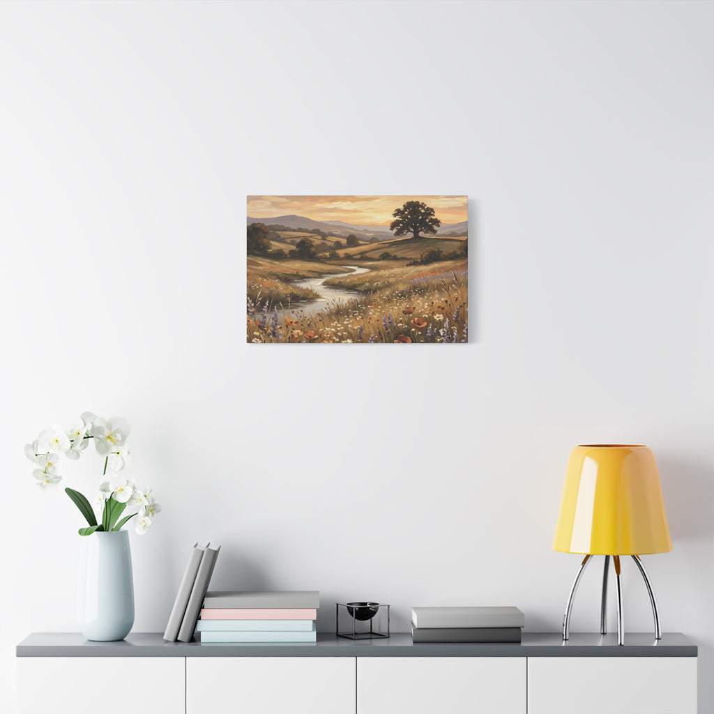 Golden Meadow River Canvas Wall Art — Stretched Matte Print