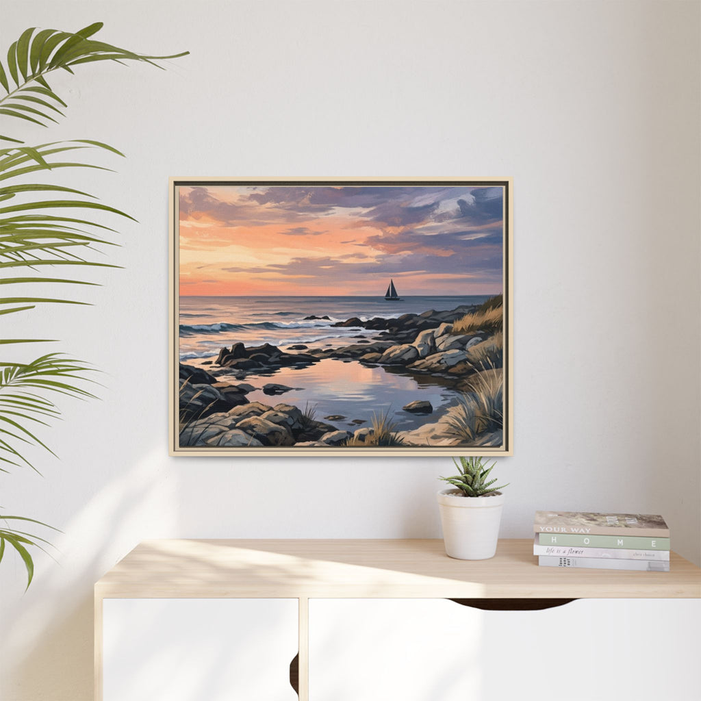 Framed Seaside Sunset Matte Canvas Print – Sailboat Coastal Wall Art