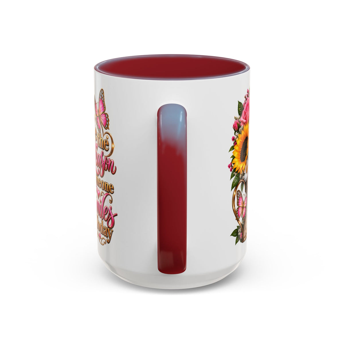 Be the Reason Someone Smiles Today Accent Coffee Mug – Floral Sunflower & Rose Inspirational 11/15oz