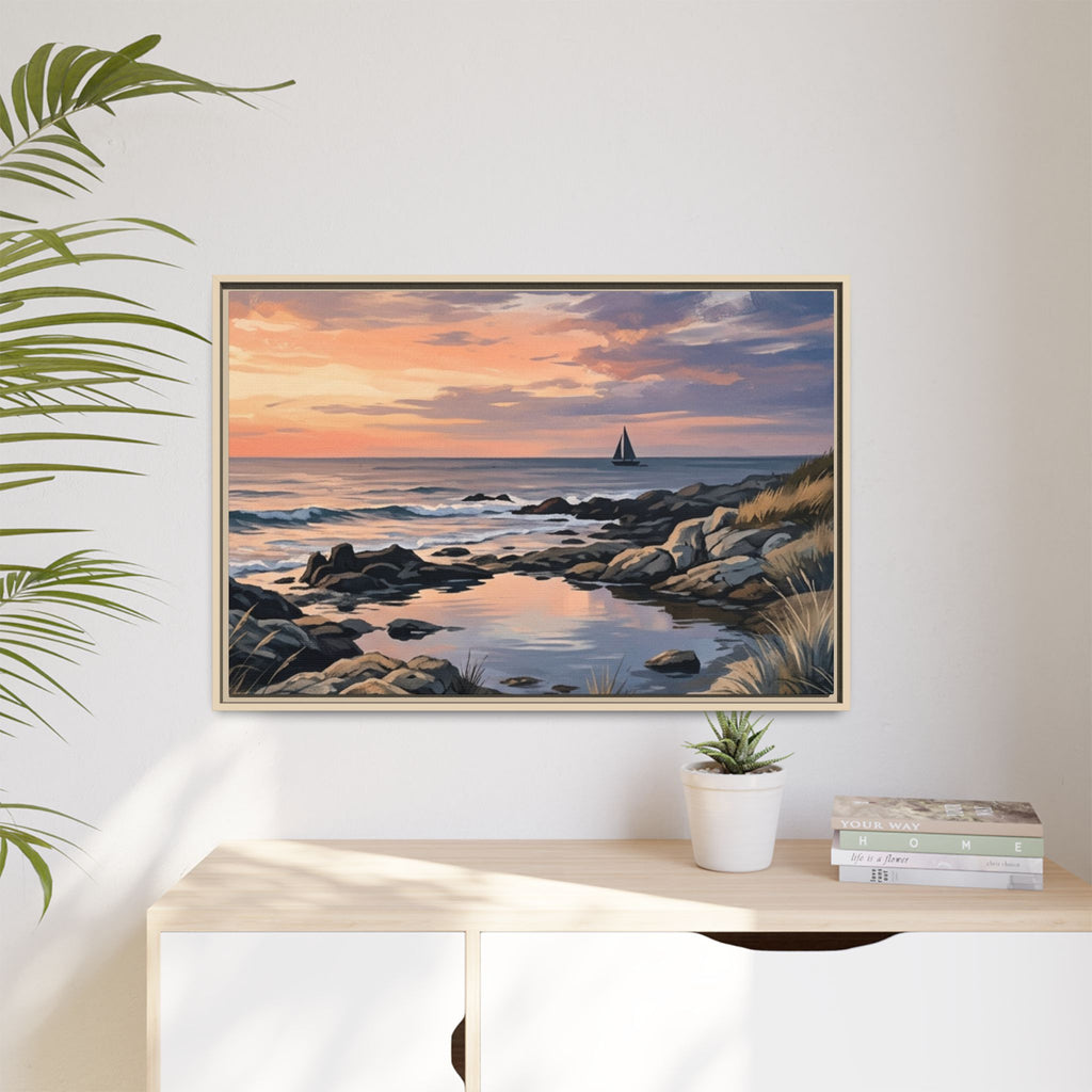 Framed Seaside Sunset Matte Canvas Print – Sailboat Coastal Wall Art