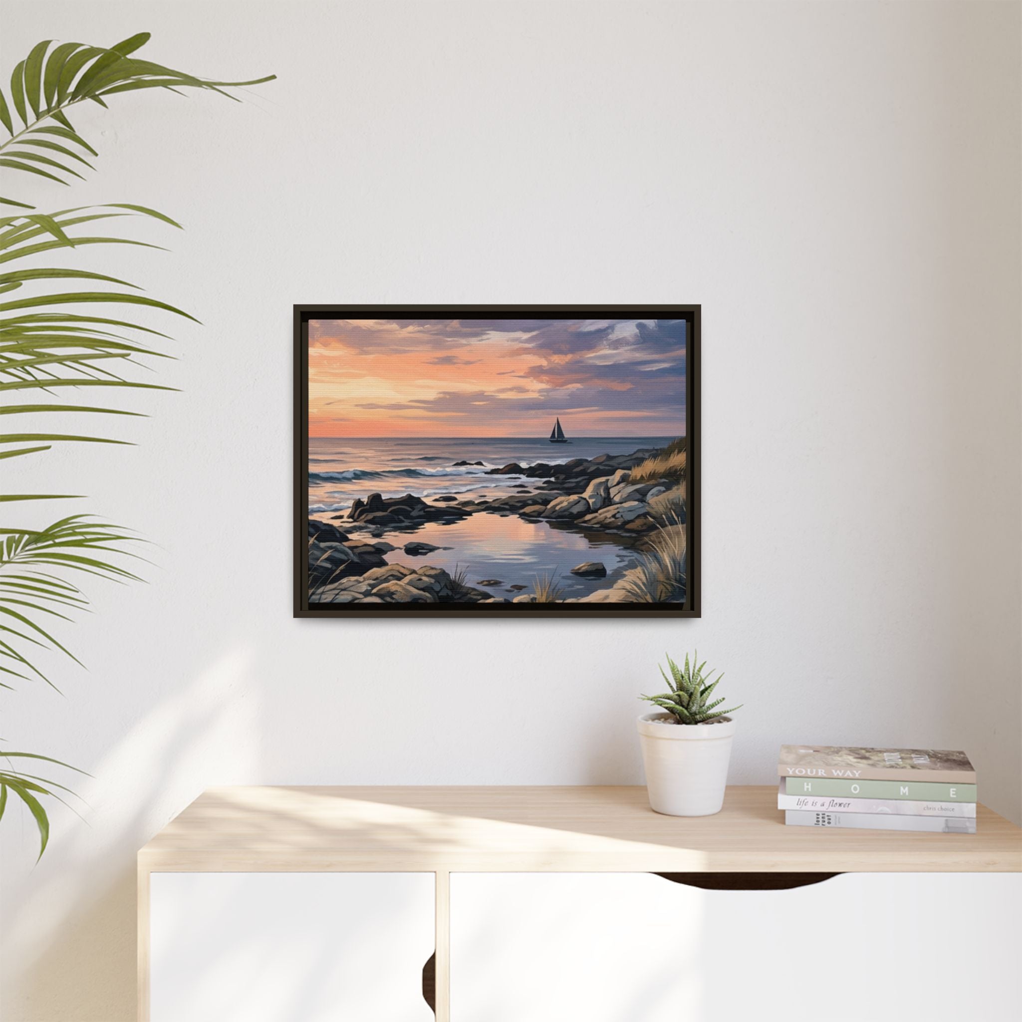 Framed Seaside Sunset Matte Canvas Print – Sailboat Coastal Wall Art