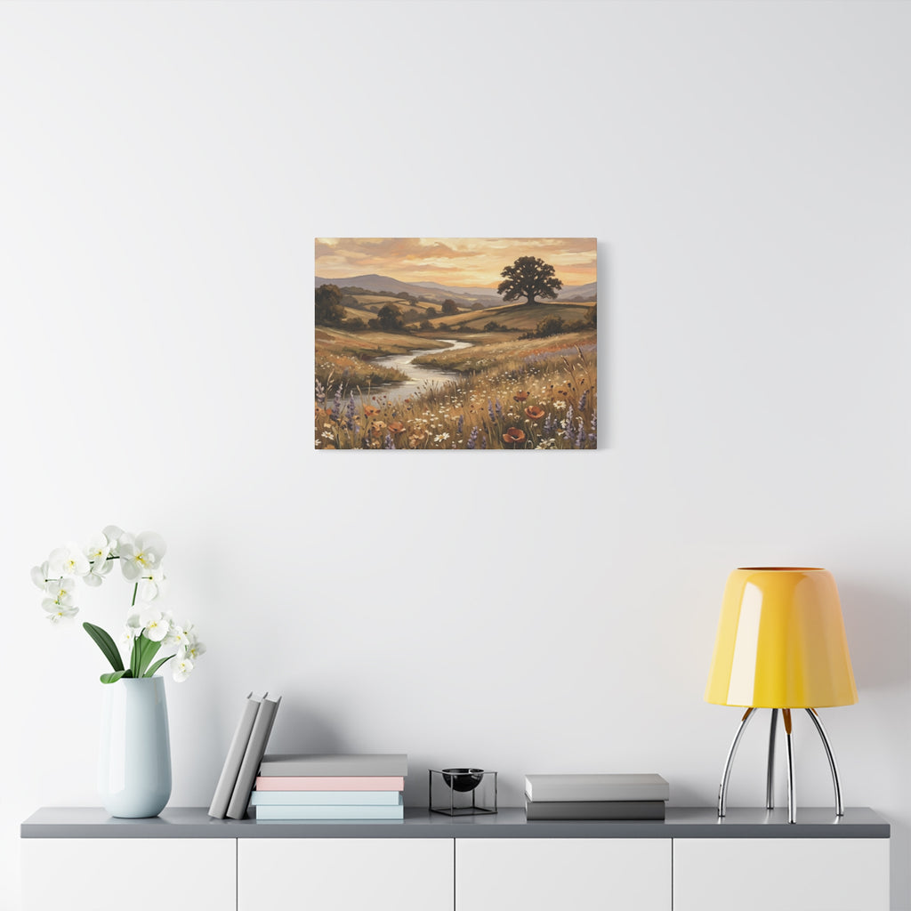 Golden Meadow River Canvas Wall Art — Stretched Matte Print