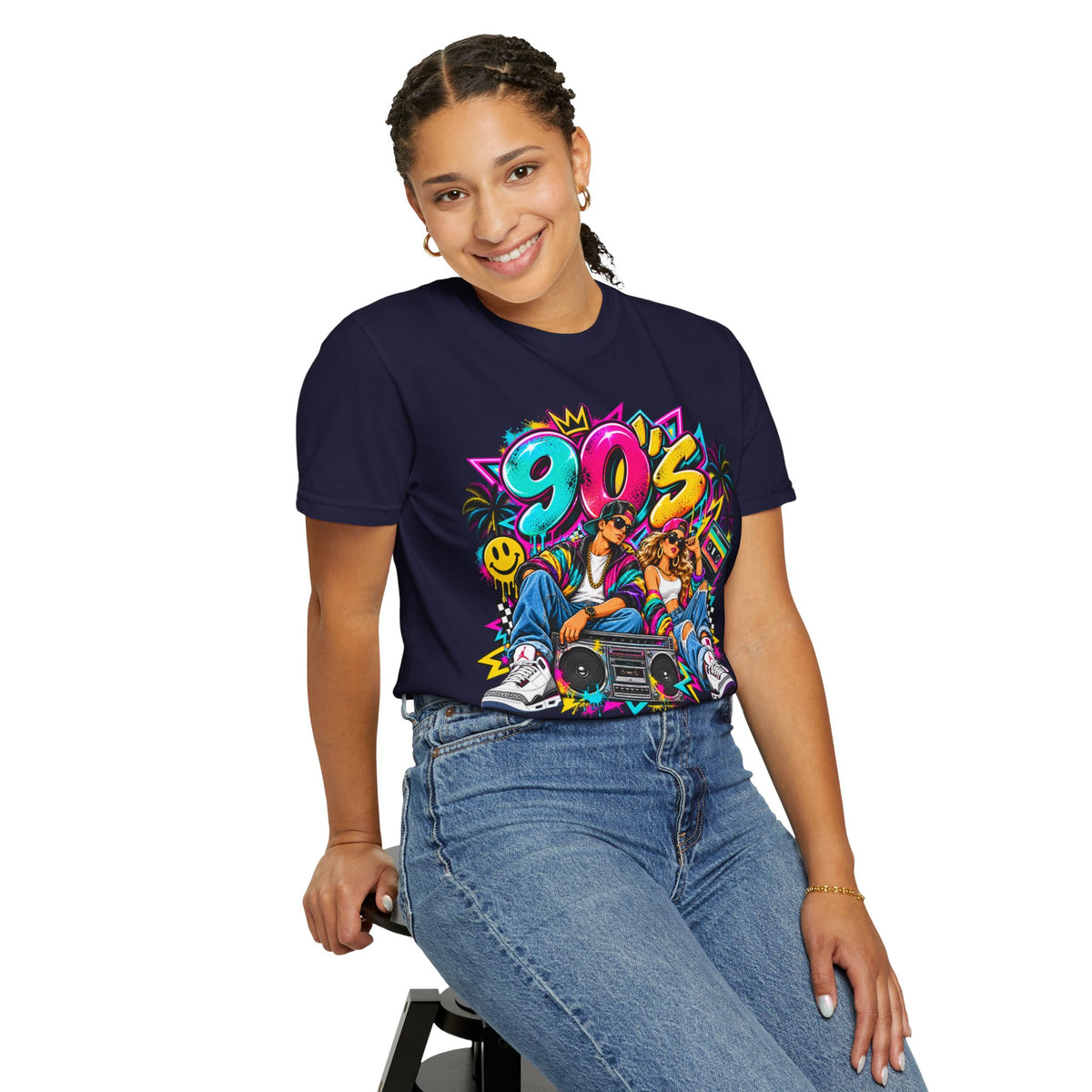 90s Retro Streetwear T-Shirt — Vintage Boombox & Neon Graffiti Design