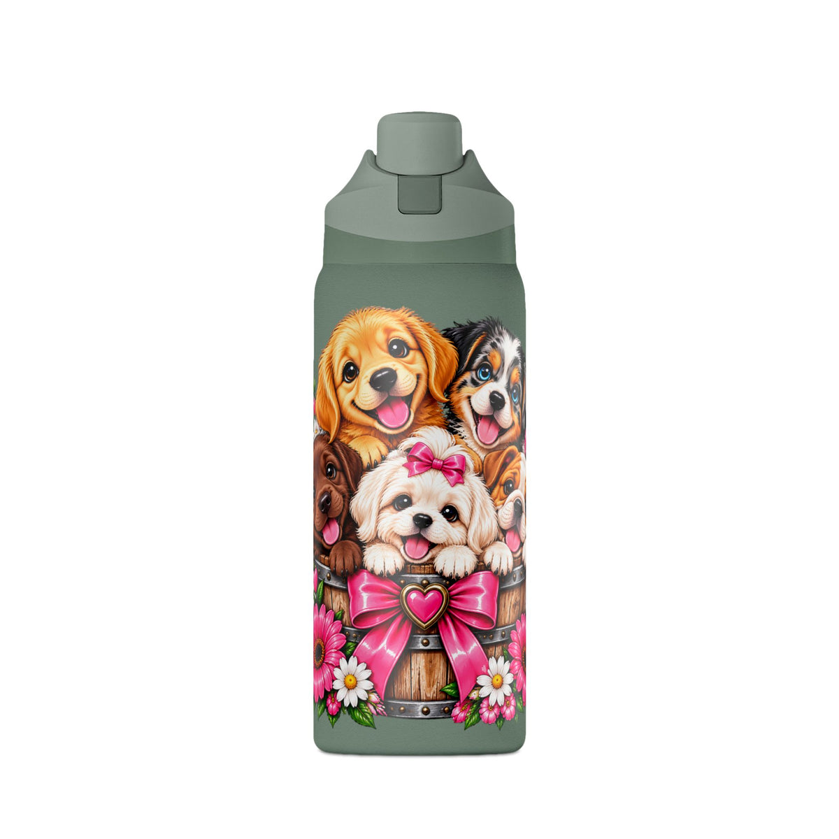 32oz Insulated Water Bottle with Adorable Dogs and Flowers