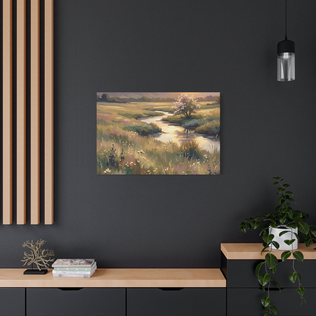 Serene Meadow Stream Matte Canvas Art — Stretched Wall Decor