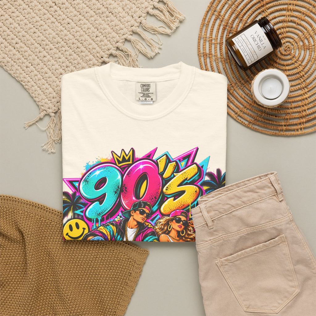 90s Retro Streetwear T-Shirt — Vintage Boombox & Neon Graffiti Design