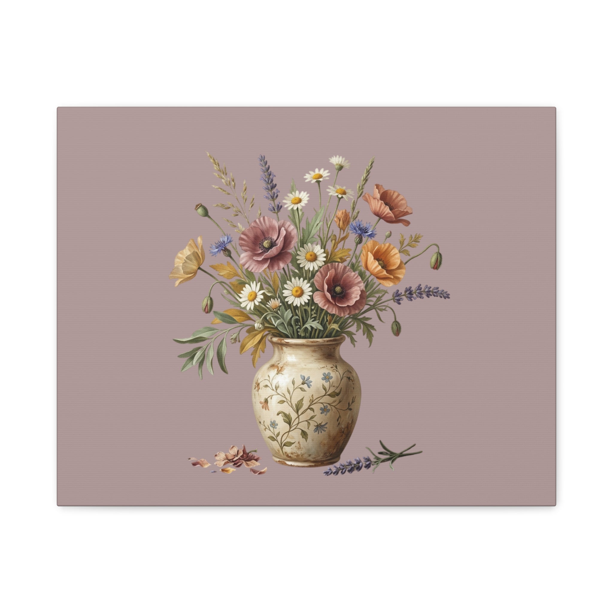 Botanical Vase Floral Canvas Print — Vintage Wildflower Wall Art