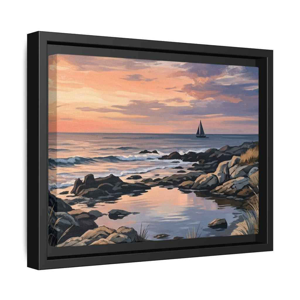Framed Seaside Sunset Matte Canvas Print – Sailboat Coastal Wall Art