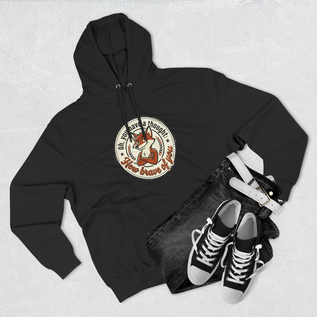 Fox Badge Hoodie — "Be Brave & Kind" Retro Emblem Fleece Hoodie
