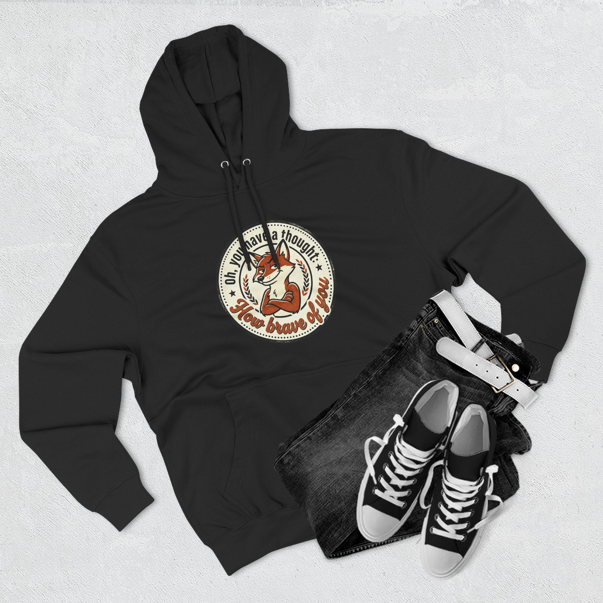 Fox Badge Hoodie — "Be Brave & Kind" Retro Emblem Fleece Hoodie