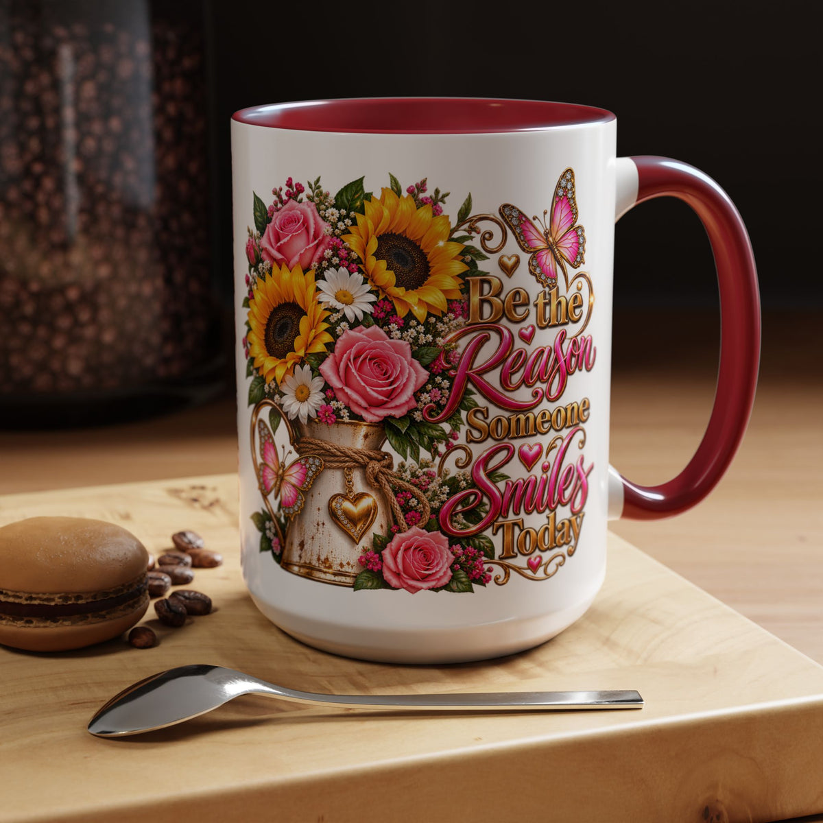 Be the Reason Someone Smiles Today Accent Coffee Mug – Floral Sunflower & Rose Inspirational 11/15oz