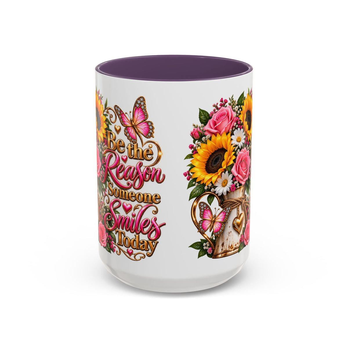 Be the Reason Someone Smiles Today Accent Coffee Mug – Floral Sunflower & Rose Inspirational 11/15oz