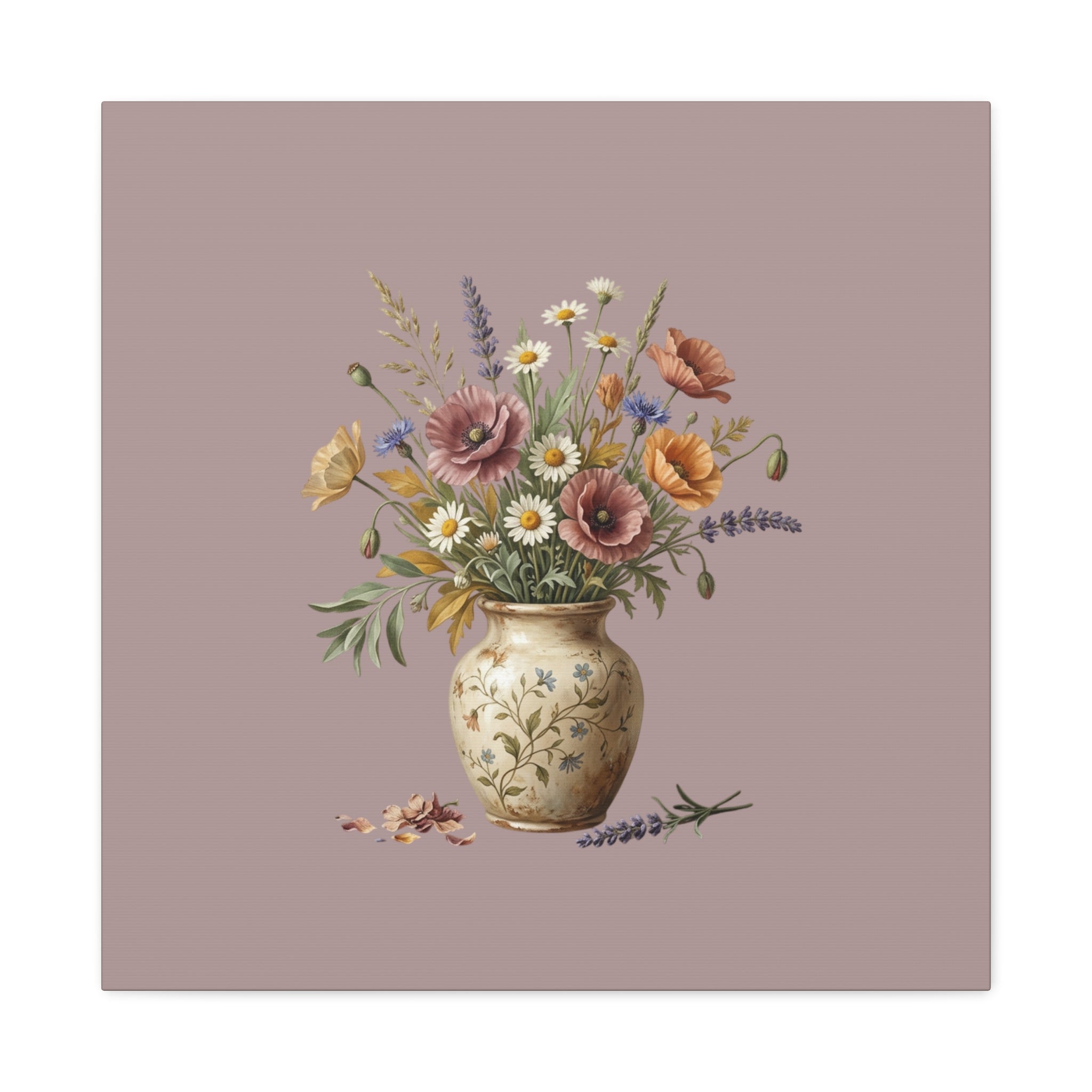 Botanical Vase Floral Canvas Print — Vintage Wildflower Wall Art