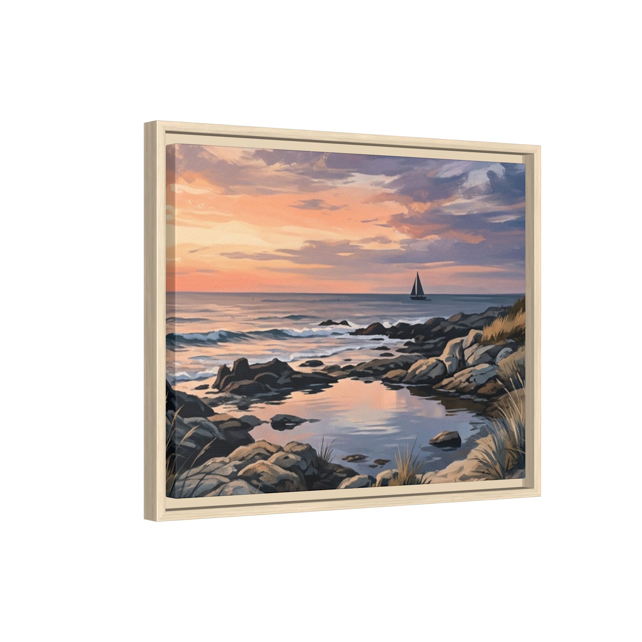 Framed Seaside Sunset Matte Canvas Print – Sailboat Coastal Wall Art