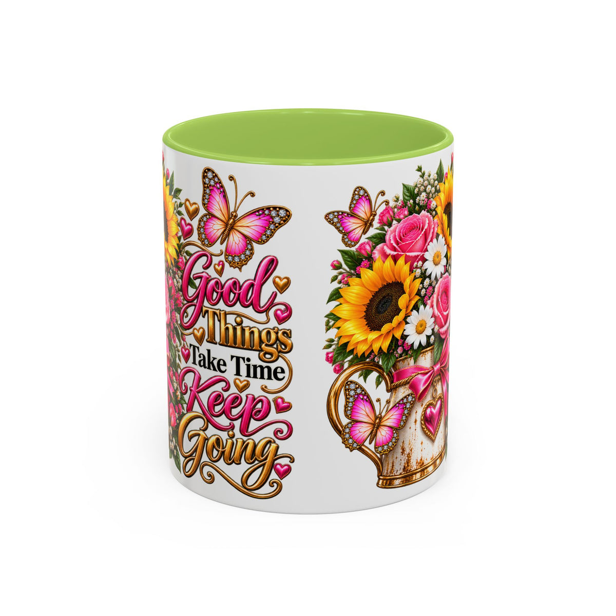 Inspiring Floral Coffee Mug — "Good Things Take Time, Keep Going"