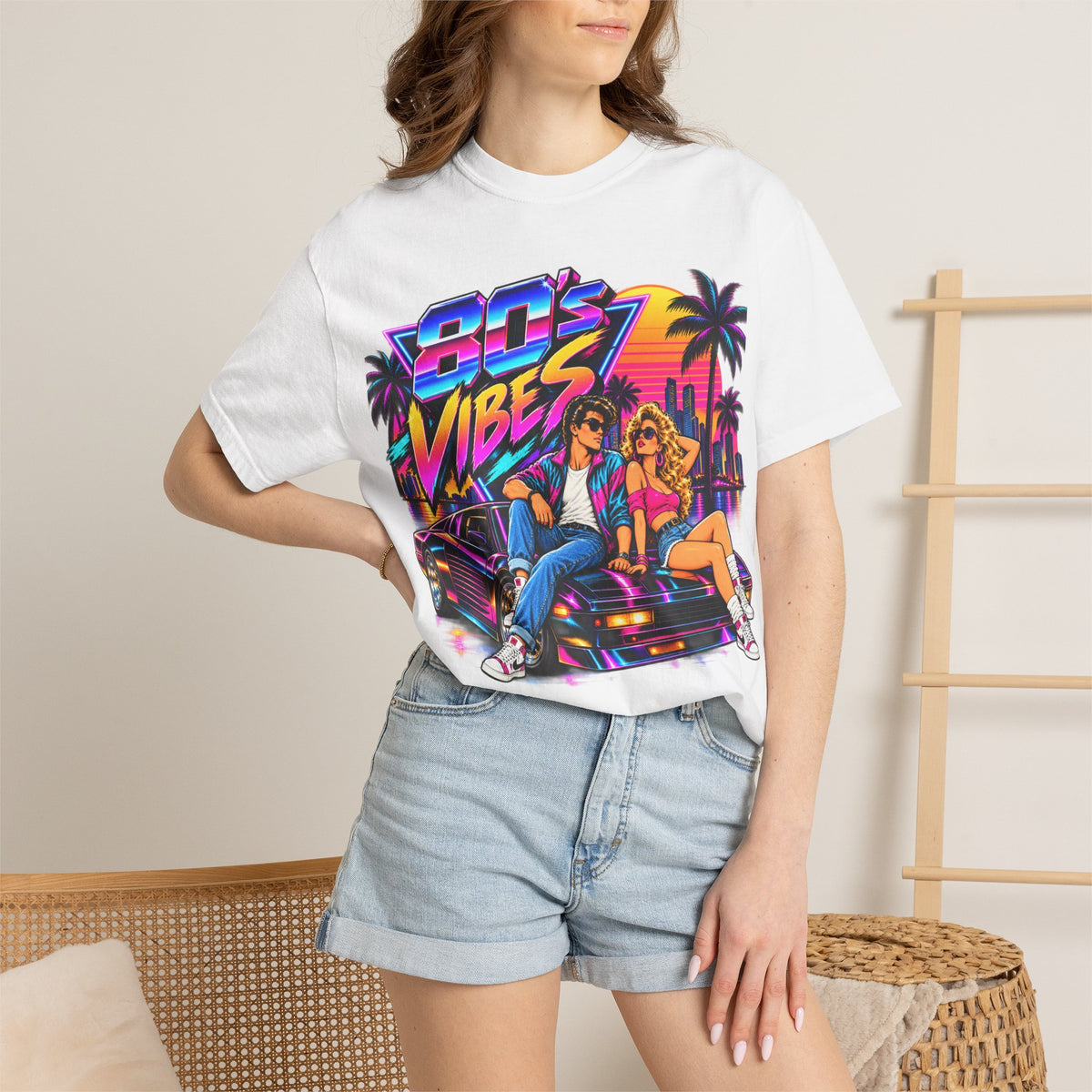 80s Vibes retro car scene T-shirt | neon palm sunset