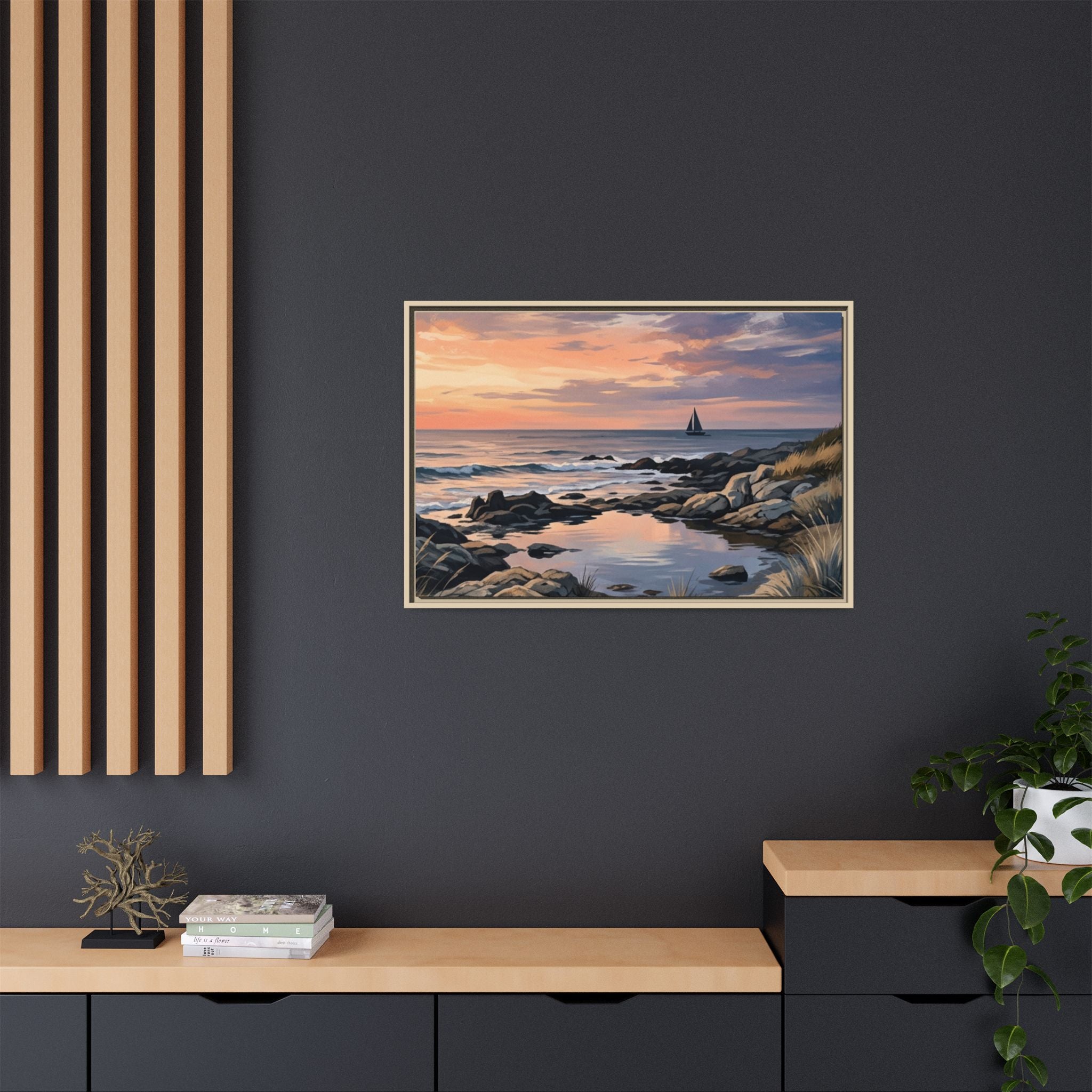Framed Seaside Sunset Matte Canvas Print – Sailboat Coastal Wall Art