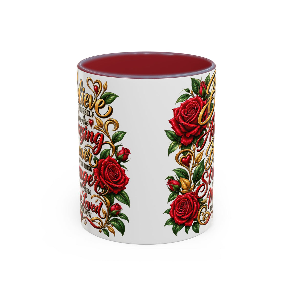 Inspirational Rose Coffee Mug — "Believe in Yourself" Motivational Tea Cup