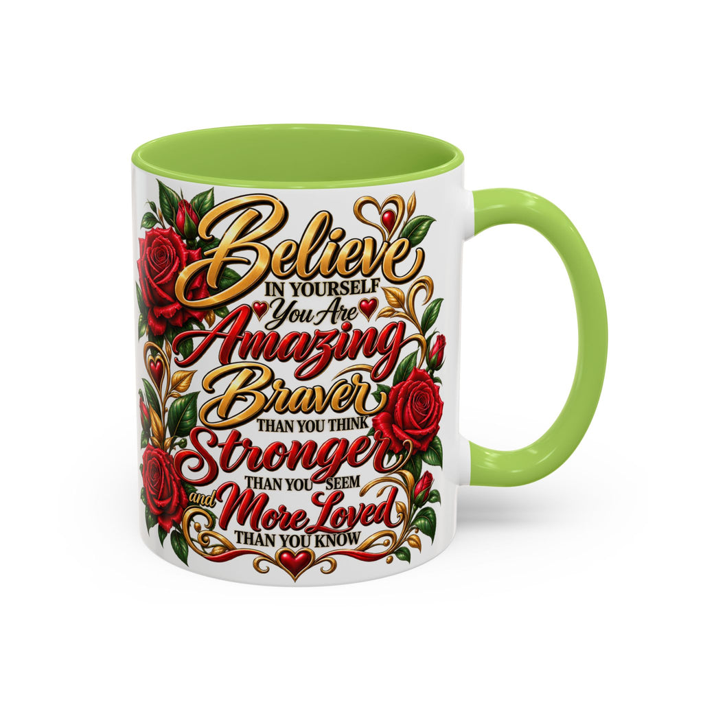 Inspirational Rose Coffee Mug — "Believe in Yourself" Motivational Tea Cup