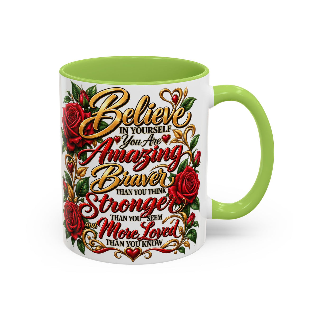 Inspirational Rose Coffee Mug — "Believe in Yourself" Motivational Tea Cup