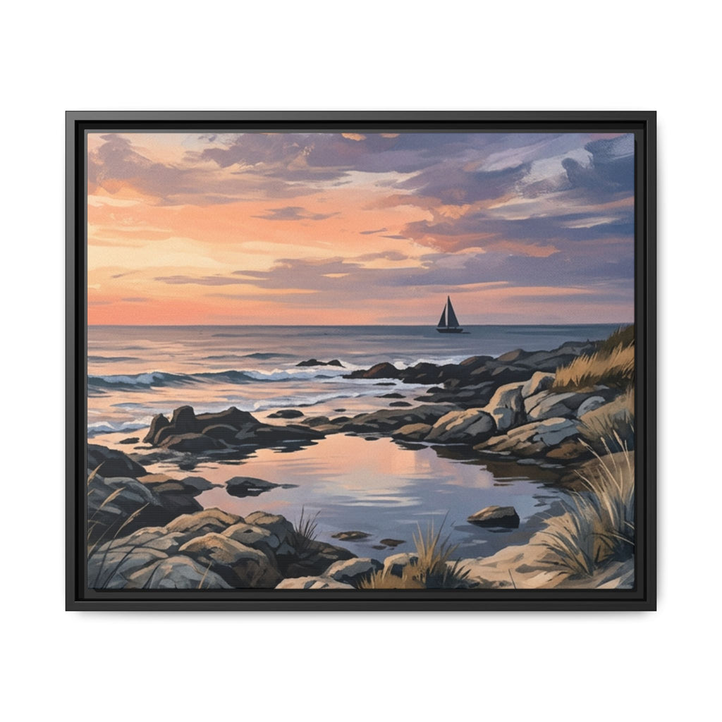 Framed Seaside Sunset Matte Canvas Print – Sailboat Coastal Wall Art