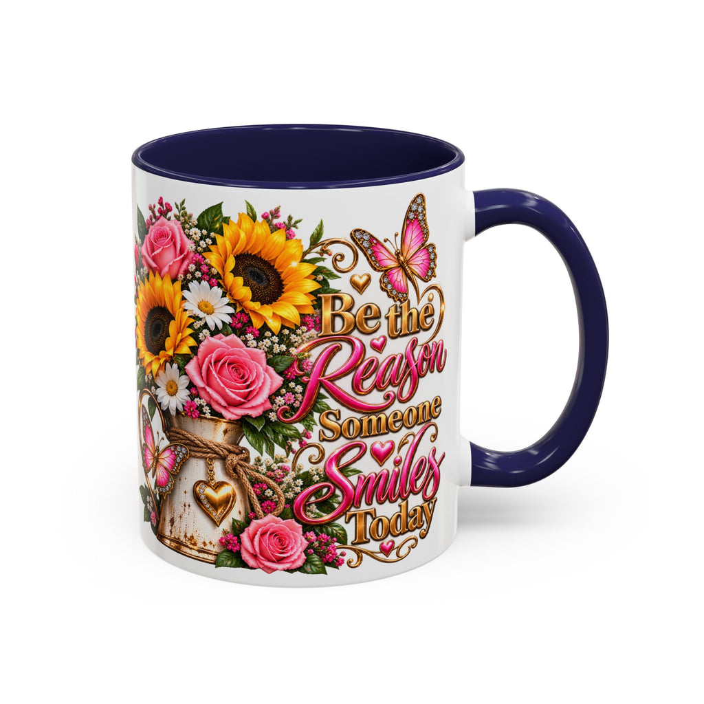 Be the Reason Someone Smiles Today Accent Coffee Mug – Floral Sunflower & Rose Inspirational 11/15oz