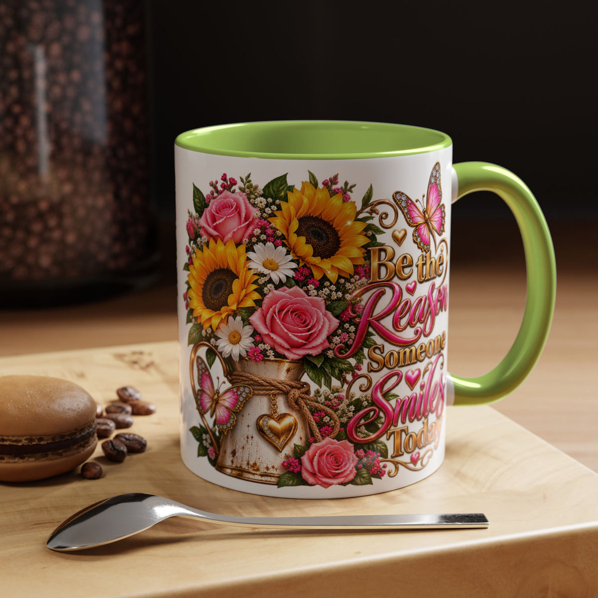 Be the Reason Someone Smiles Today Accent Coffee Mug – Floral Sunflower & Rose Inspirational 11/15oz
