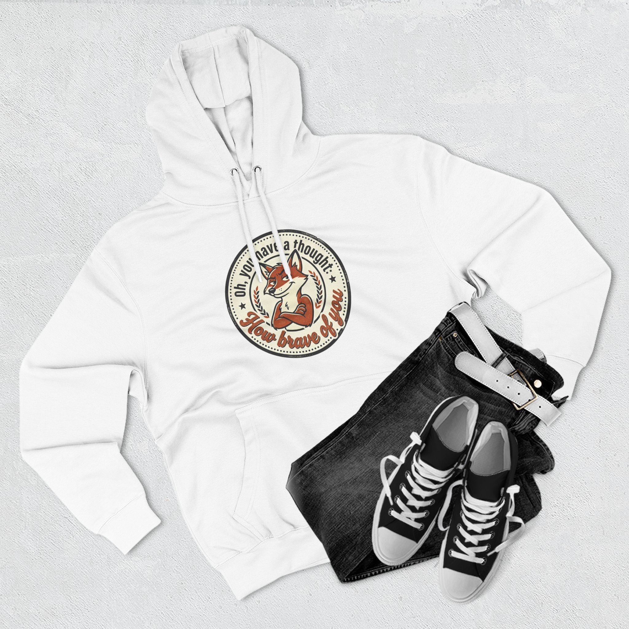Fox Badge Hoodie — "Be Brave & Kind" Retro Emblem Fleece Hoodie