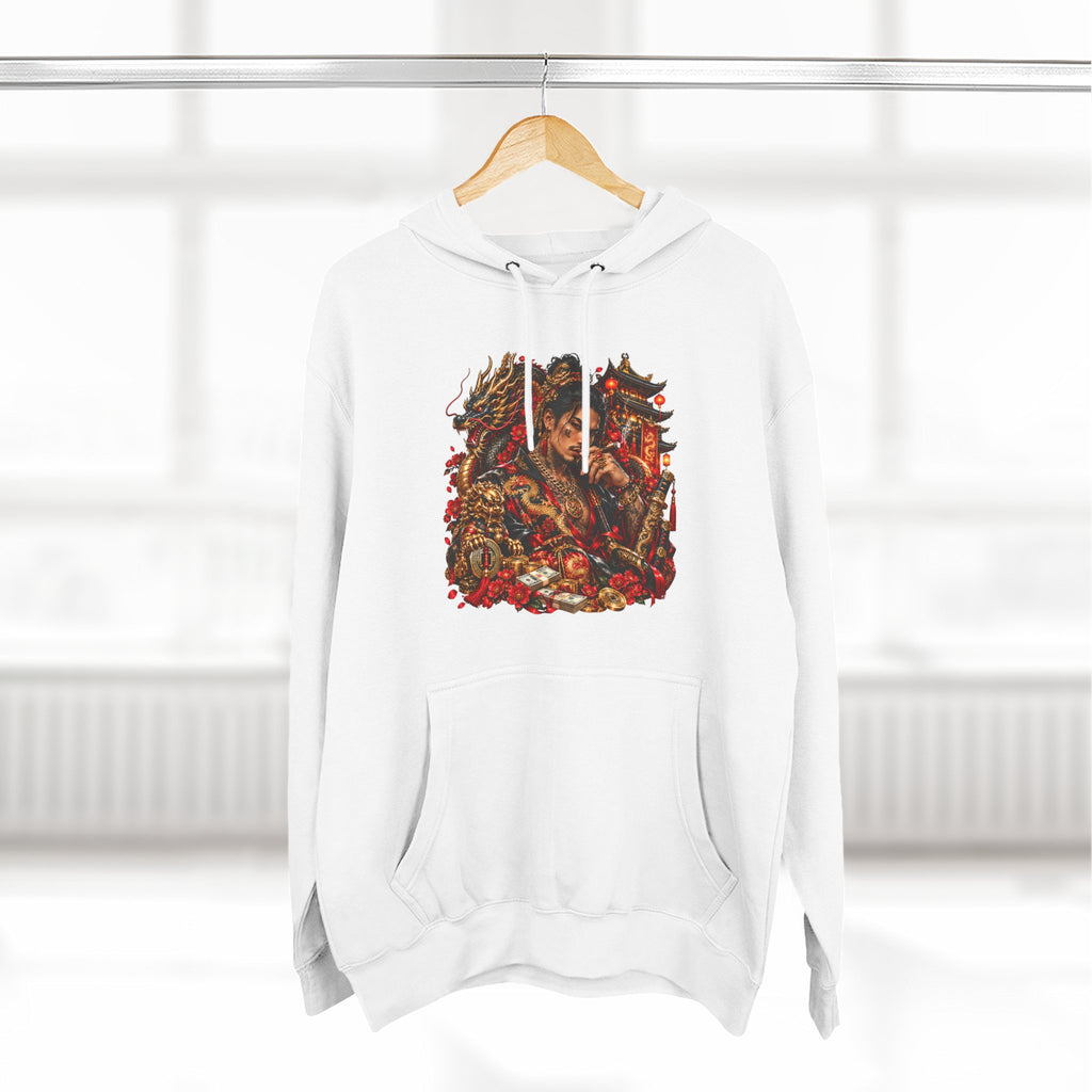 Dragon Battle Hoodie — Three-Panel Fleece Hooded Sweatshirt with Fiery Fantasy Artwork