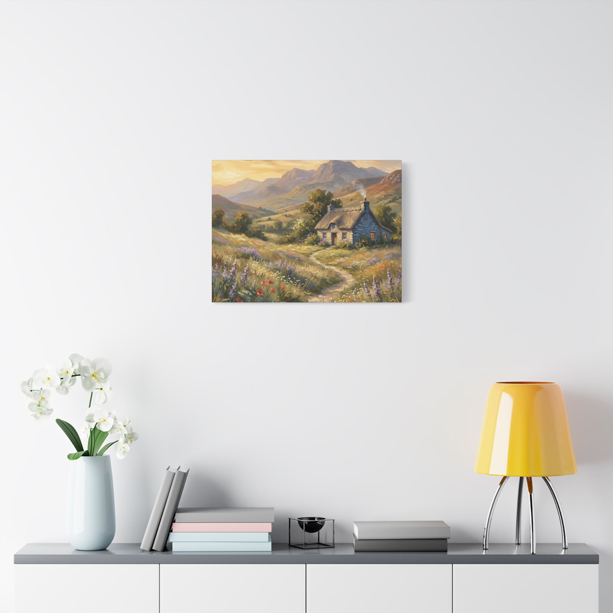 Countryside Cottage Canvas Wall Art — Tranquil Rustic Landscape Print