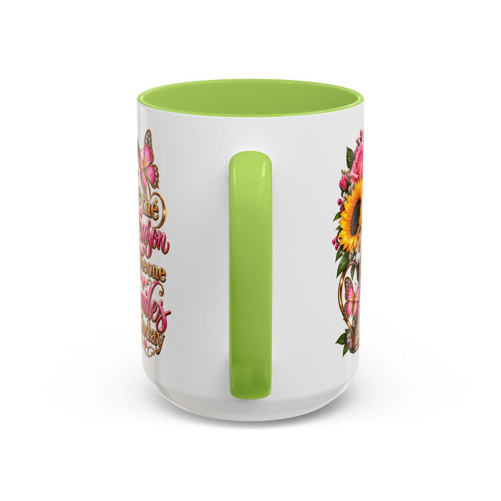 Be the Reason Someone Smiles Today Accent Coffee Mug – Floral Sunflower & Rose Inspirational 11/15oz