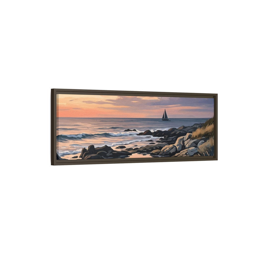 Framed Seaside Sunset Matte Canvas Print – Sailboat Coastal Wall Art