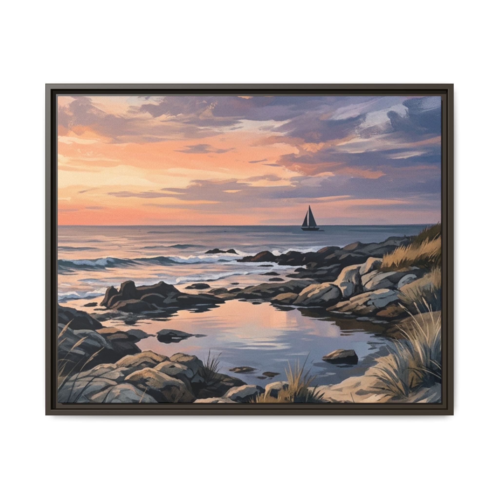 Framed Seaside Sunset Matte Canvas Print – Sailboat Coastal Wall Art