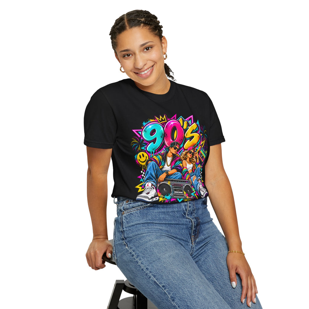 90s Retro Streetwear T-Shirt — Vintage Boombox & Neon Graffiti Design