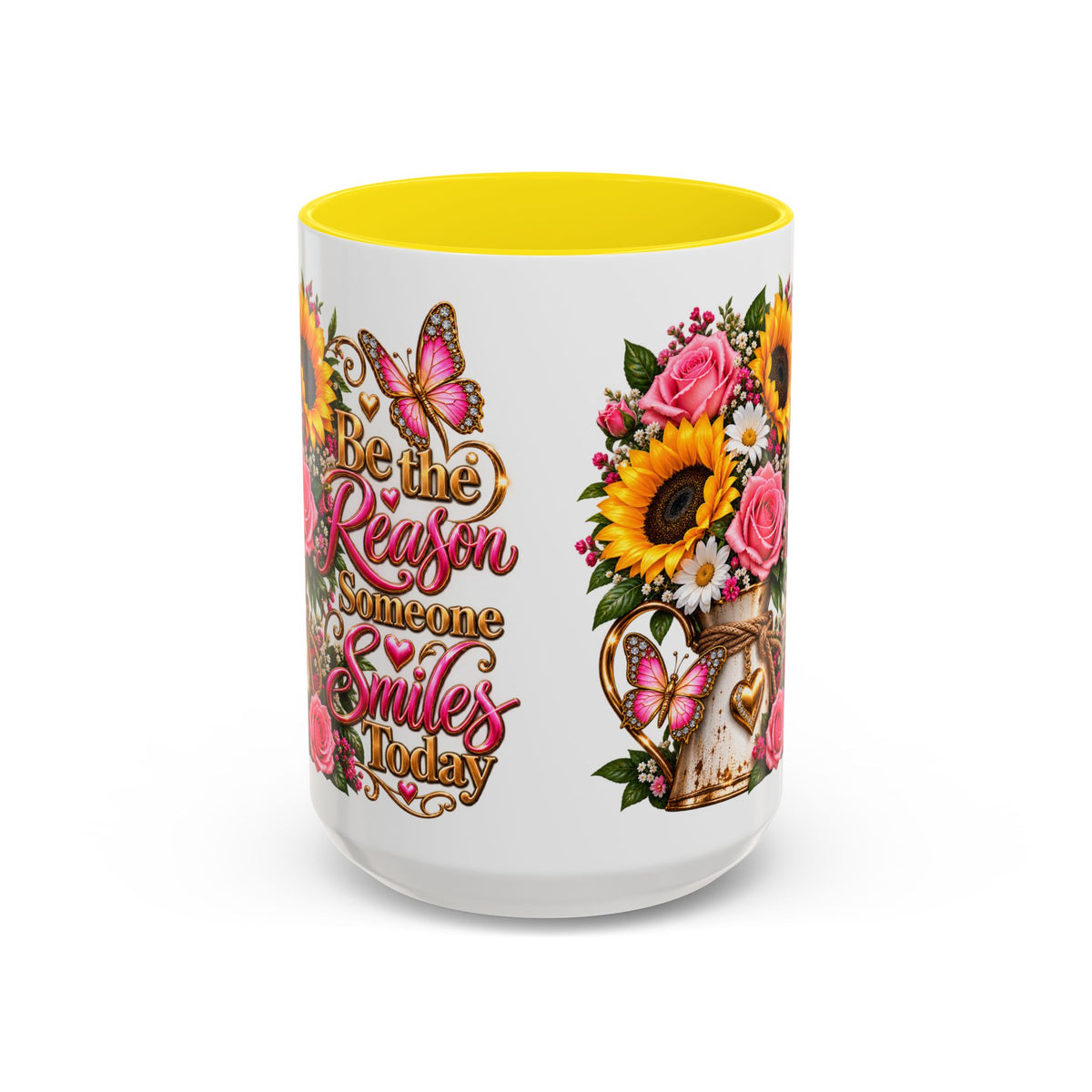 Be the Reason Someone Smiles Today Accent Coffee Mug – Floral Sunflower & Rose Inspirational 11/15oz