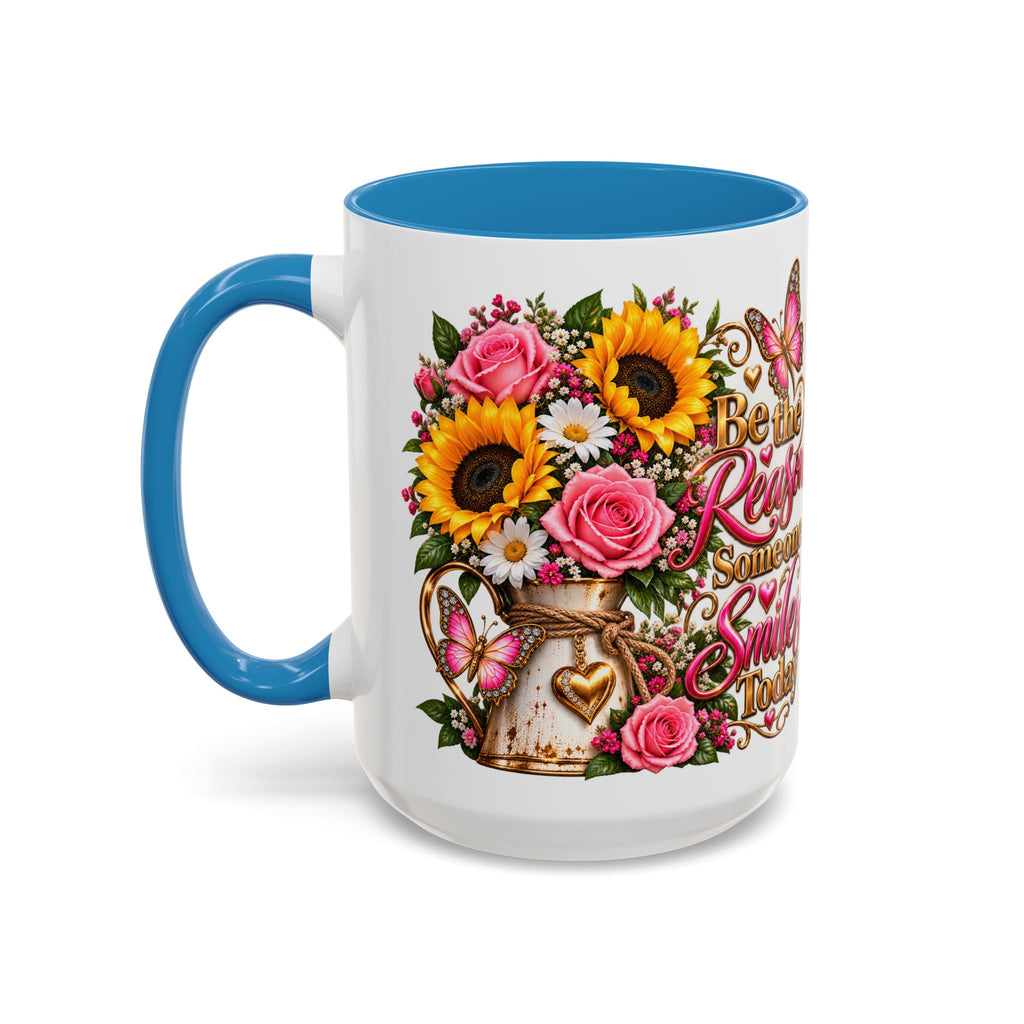 Be the Reason Someone Smiles Today Accent Coffee Mug – Floral Sunflower & Rose Inspirational 11/15oz