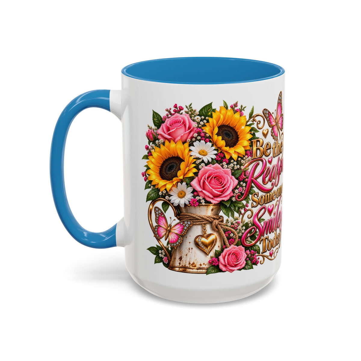 Be the Reason Someone Smiles Today Accent Coffee Mug – Floral Sunflower & Rose Inspirational 11/15oz