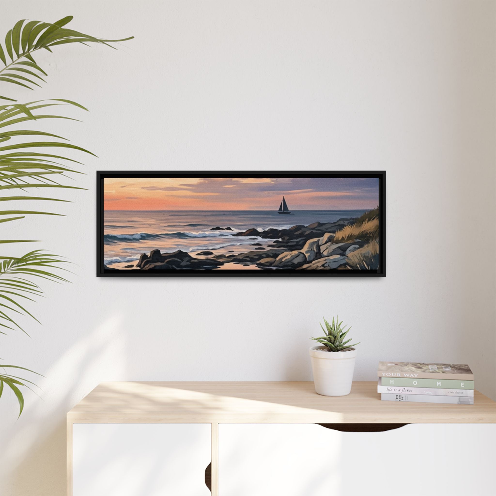 Framed Seaside Sunset Matte Canvas Print – Sailboat Coastal Wall Art