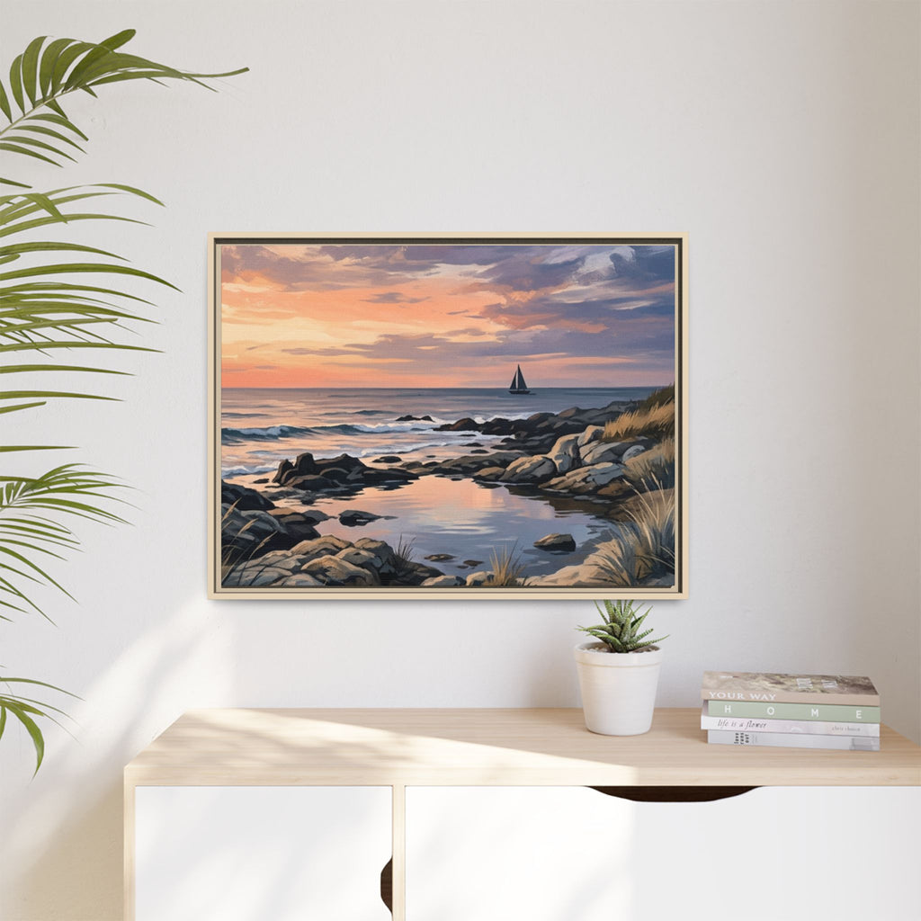 Framed Seaside Sunset Matte Canvas Print – Sailboat Coastal Wall Art